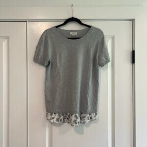 Loft Women's Short Sleeve Grey Sweater Blouse with Chiffon Ruffle‎ Size M
